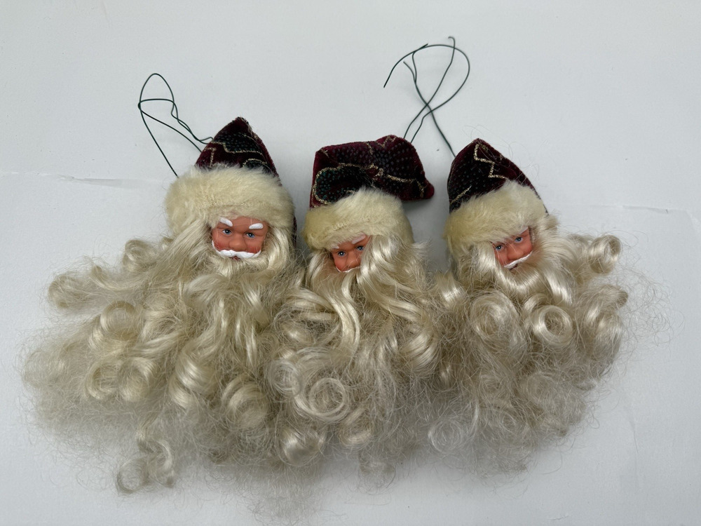 Vintage Santa Claus Jolly Face with Soft Beard Tree Ornament Christmas 3pcs USED
